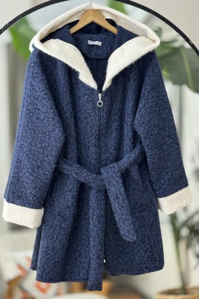 Kol ve kapşon Parcalı fermuarlı uzun kap indigoUMS50327