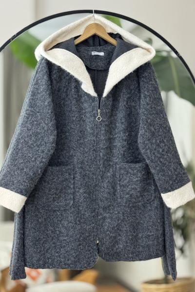 Kol ve kapşon Parcalı fermuarlı uzun kap Gri UMS50327