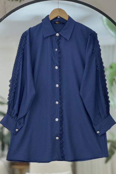 Kol ve ön Dantel detaylı Tunik Gömlek Lacivert TCN40104