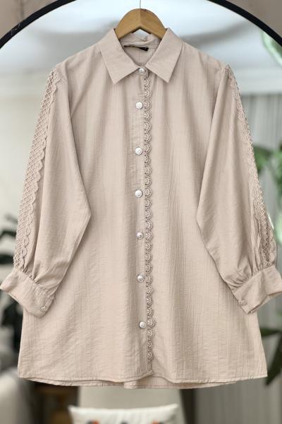 Kol ve ön Dantel detaylı Tunik Gömlek Bej TCN40104