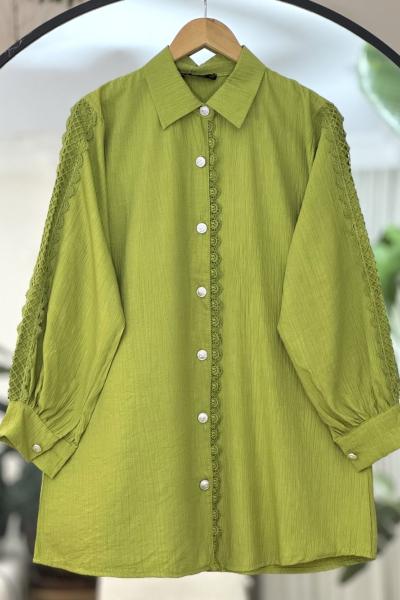 Kol ve ön Dantel detaylı Tunik Gömlek  yağyeşil TCN40104