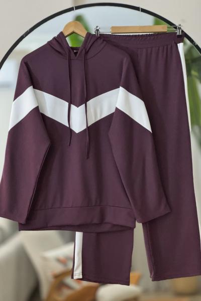 Kol ve ön beyaz şeritli Kapşonlu ikili Takım  mürdüm TCN40125