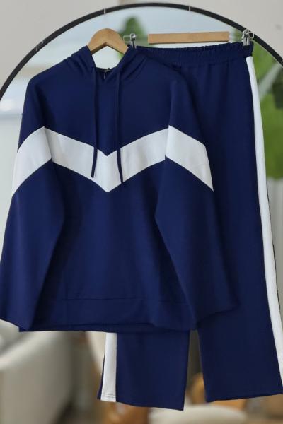 Kol ve ön beyaz şeritli Kapşonlu ikili TakımLacivertTCN40125