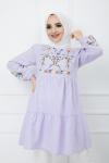 Kol ve ön nakış işlemeli tunik lila PNK1111