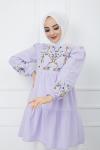 Kol ve ön nakış işlemeli tunik lila PNK1111
