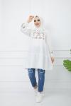 Kol ve ön nakış işlemeli tunik beyaz PNK1111