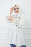 Kol ve ön nakış işlemeli tunik beyaz PNK1111