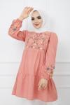 Kol ve ön nakış işlemeli tunik gül PNK1111