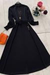 Kol yaka piyeli kemerli elbise Siyah UMS1501