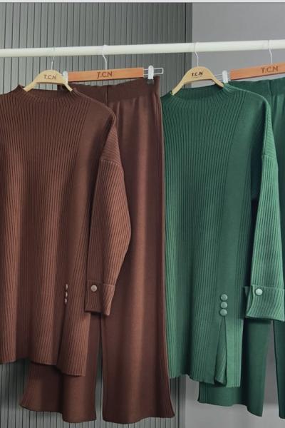 Kolmanşet düğmeli Triko pantolonlu takım kahve  TCN4076