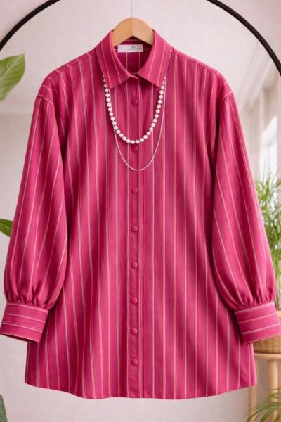 Kolyeli ince çizgili Detaylı Tunik bordo NW6068