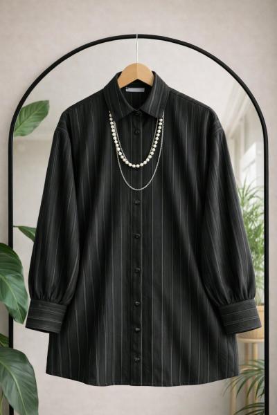 Kolyeli ince çizgili Detaylı Tunik Siyah NW6068