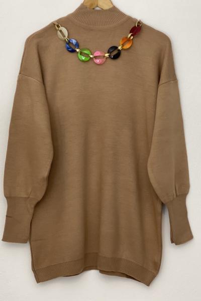 Kolyeli  karpuzkol triko tunik Bej  SLT30180