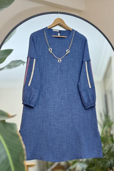 Kolyeli Uzun Keten Tunik İndigo SLT30266