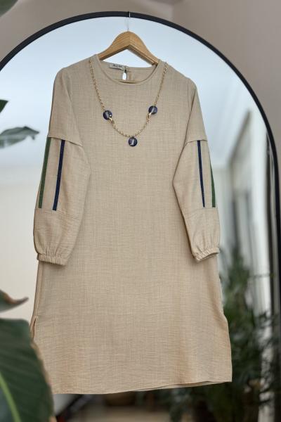 Kolyeli Uzun Keten Tunik Bej  SLT30266