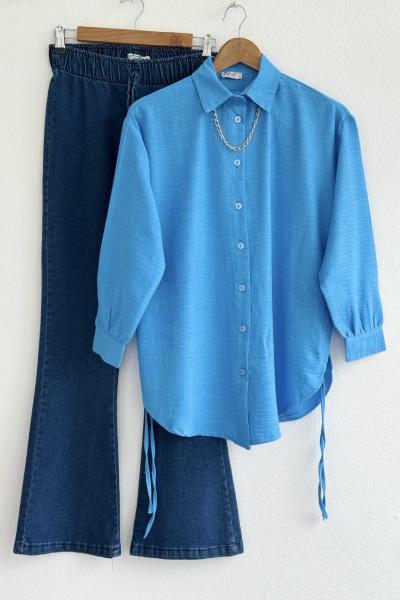 Kolyeli yanlardan bağcıklı gömlek Mavi TBT30247