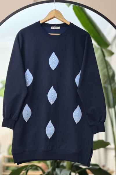 Kot detaylı Yaprak Desen Taşlı  Tunik Lacivert DST2020