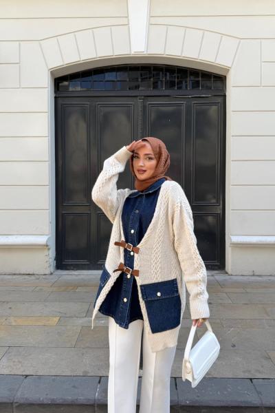 Kot gömlek detaylı Triko hırka Bej YR30547