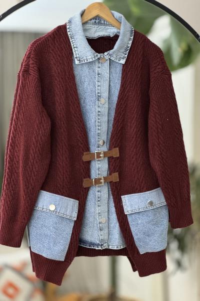 Kot gömlek detaylı Triko hırka Bordo YR30547