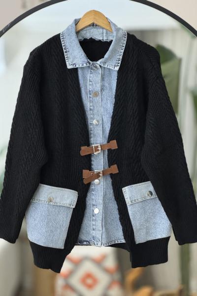 Kot gömlek detaylı Triko hırka Siyah YR30547