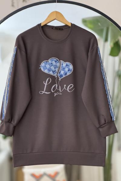 Kot ve taş detaylı Oysh Tunik Kahverengi TCN40116