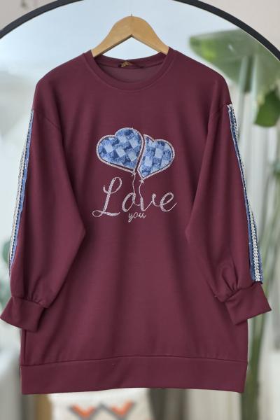 Kot ve taş detaylı Oysh Tunik  Bordo  TCN40116