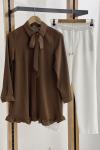 Kravatlı ayrobin kumaş tunik  kahverenk FXR1548