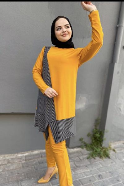 Krep kumaş Çizgili Takım Sarı TCN664