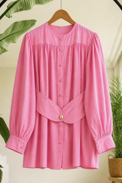 Kuşak detaylı  gömlek tunik pembe TB80109