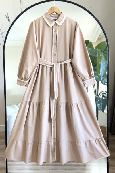 Kuşaklı patlı Gabardın kumaş boydan elbise bej  YRN30524