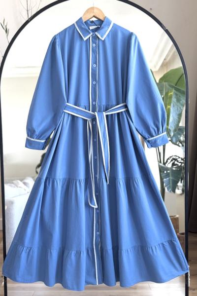 Kuşaklı patlı Gabardın kumaş boydan elbise Mavi  YRN30524