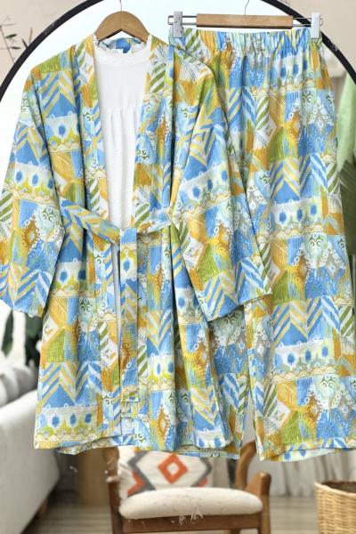 Kuşaklı Etnik Desenli Kimono Takım Mavi NEW6055