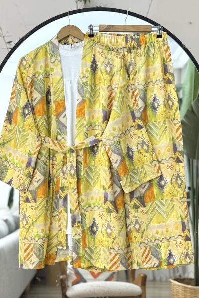 Kuşaklı Etnik Desenli Kimono Takım Sarı NEW6055