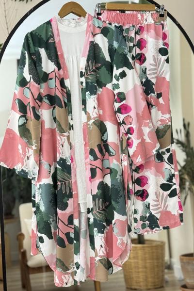 Kuşaklı üzün Kimono Takım Fuşya UMS50296