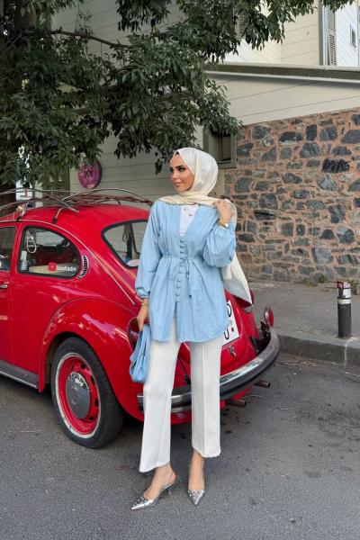 Kuşaklı  v yaka tunik Gömlek Bebemavi YR30535
