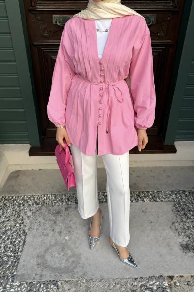 Kuşaklı  v yaka tunik Gömlek Pembe YR30535