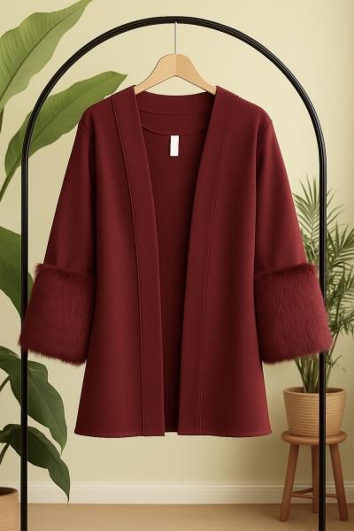 Kuşaklı kol kürklü kimono Ceket Bordo TB8037