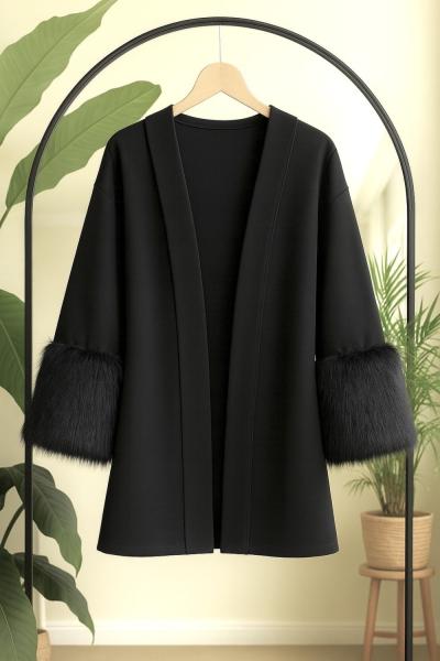 Kuşaklı kol kürklü kimono Ceket Siyah TB8037