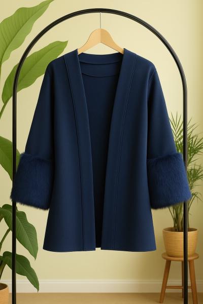 Kuşaklı kol kürklü kimono Ceket Lacivert  TB8037