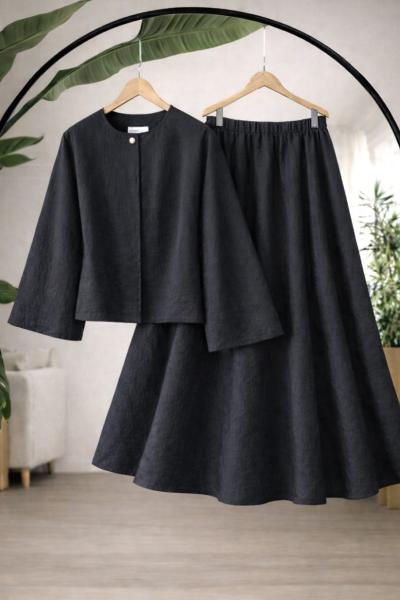 Kuşaklı salaş kol Tek düğmeli etekli Takım Siyah EF9541