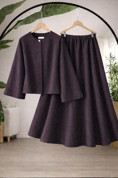 Kuşaklı salaş kol Tek düğmeli etekli Takım Mürdüm  EF9541