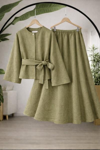 Kuşaklı salaş kol Tek düğmeli etekli Takım Yeşil EF9541