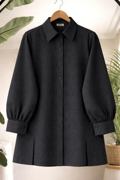 Kuşaklı yırtmaclı Tunık Gömlek Siyah BK9553
