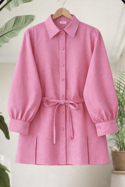 Kuşaklı yırtmaclı Tunık Gömlek Pembe BK9553