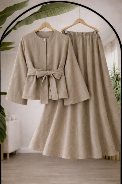 Kuşaklı salaş kol Tek düğmeli etekli Takım vizon  EF9541