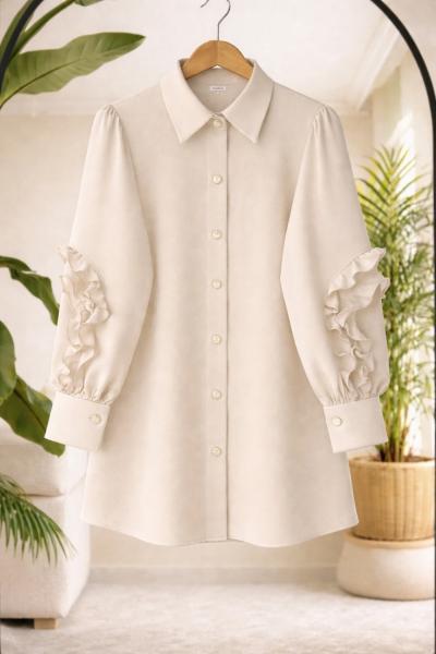 Kuşaklı yırtmaclı Tunık Gömlek Bej BK9553