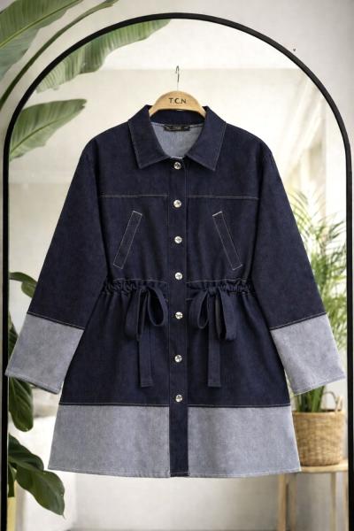 Kuşaklı kot ceket Lacivert TCN40163