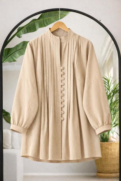 Kuşaklı pileli  tunik Bej BK9561