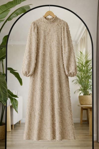 Kuşaklı saçaklı Elbise Bej Ef8078