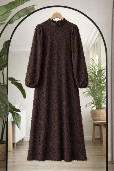 Kuşaklı saçaklı Elbise Kahverengi Ef8078